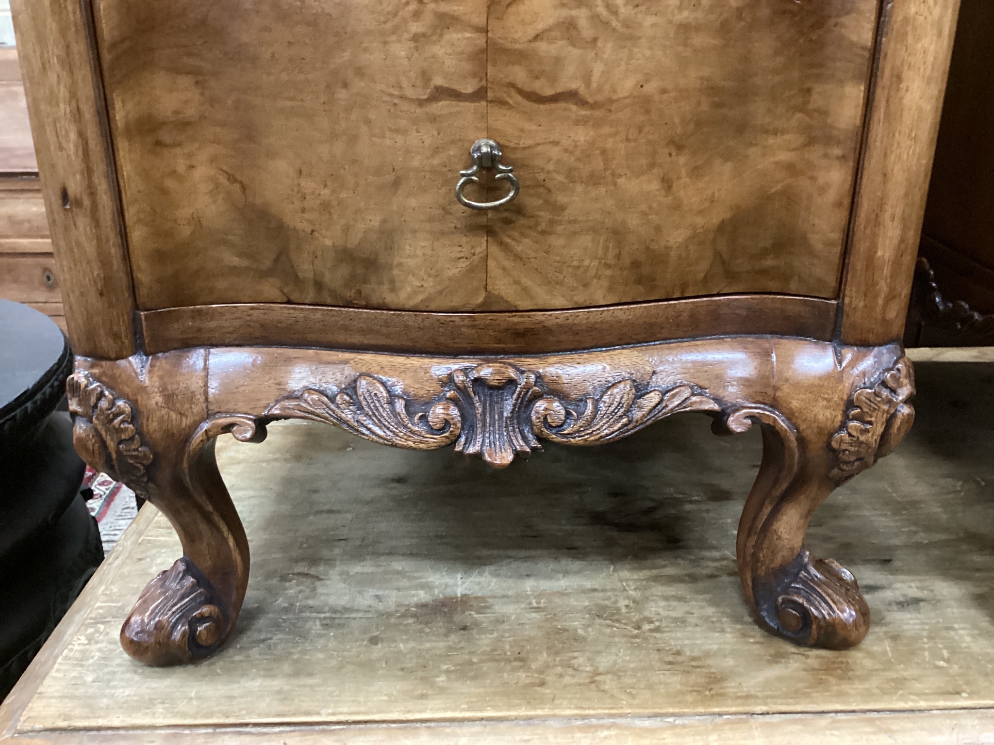 A pair of Queen Anne revival walnut serpentine four drawer bedside chests, width 38cm, depth 43cm, height 70cm